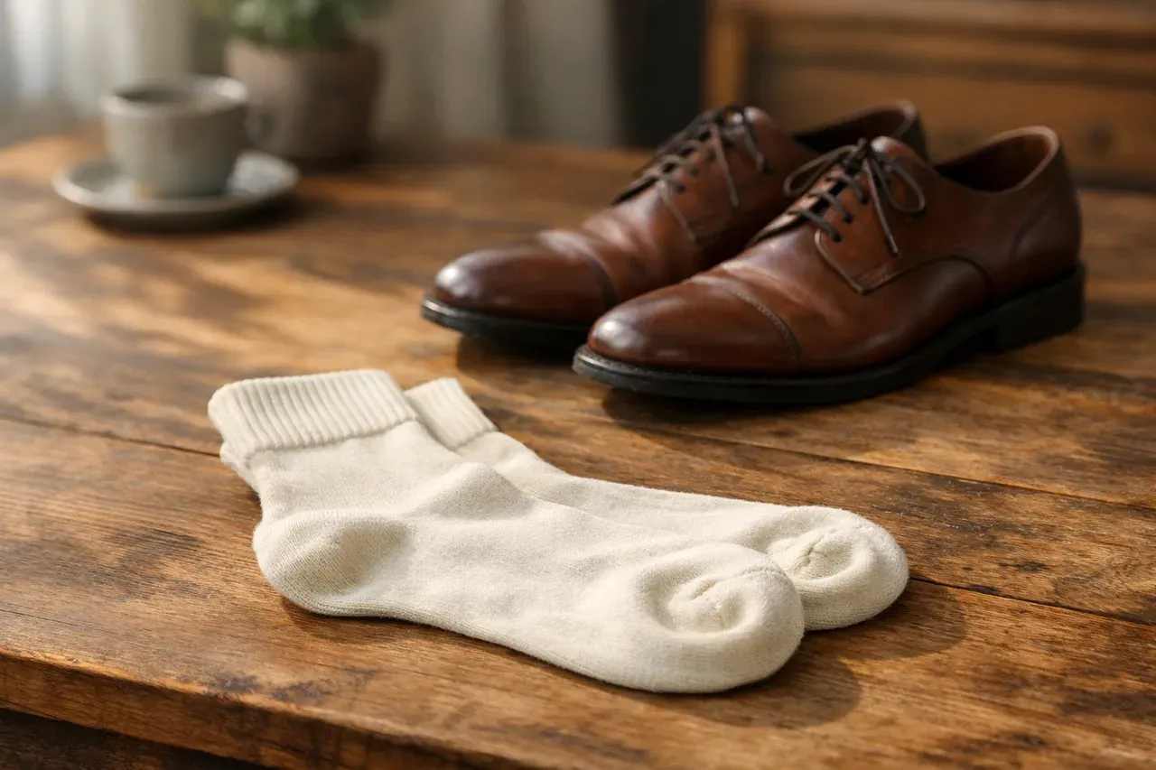 Paire de chaussettes en coton posée sur une table en bois près d'une paire de chaussures