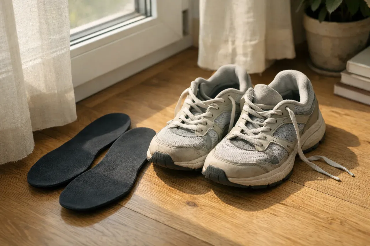 Paire de chaussures de sport posée près d'une fenêtre, semelles aérées au soleil