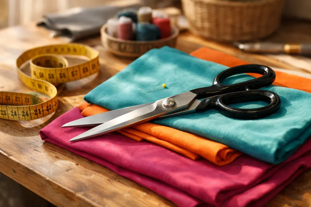 Ciseaux de couture posés sur un tissu près d'un mètre ruban sur une table de travail