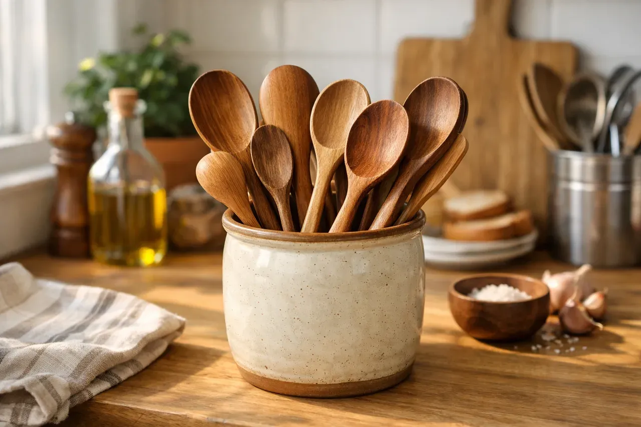 Cuillères en bois posées dans un pot en céramique sur un plan de travail de cuisine