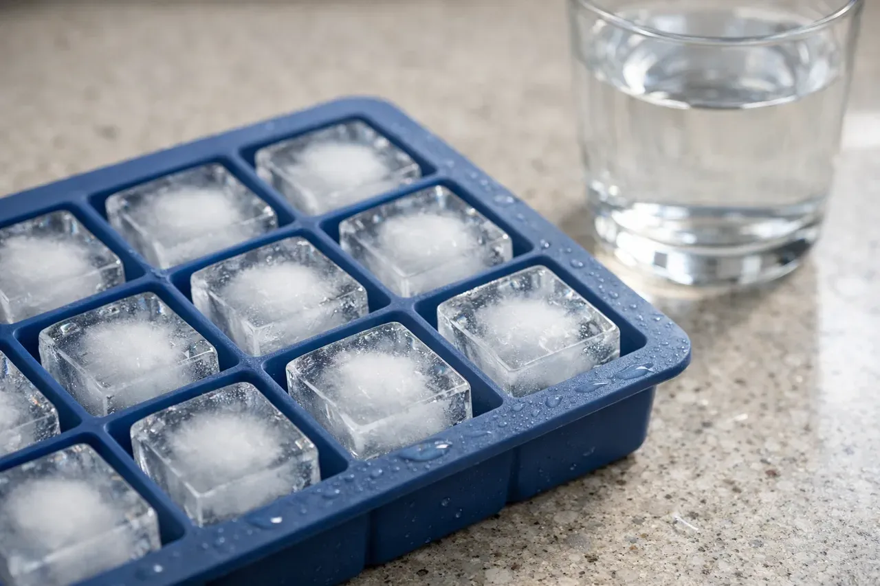 Glaçons maison troubles au centre dans un bac en silicone, à côté d'un verre d'eau