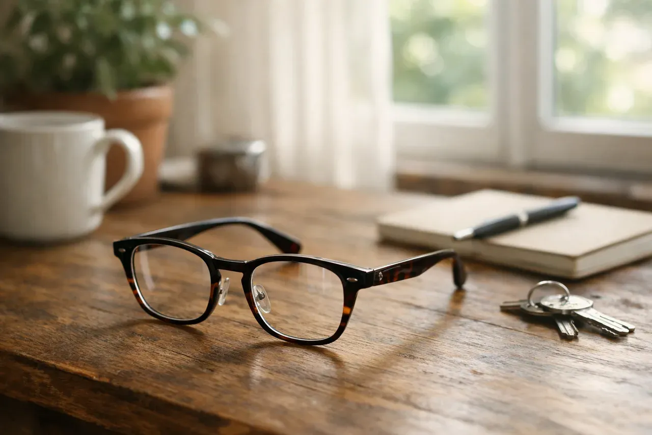 Lunettes de vue posées sur une table en bois près d'une fenêtre lumineuse