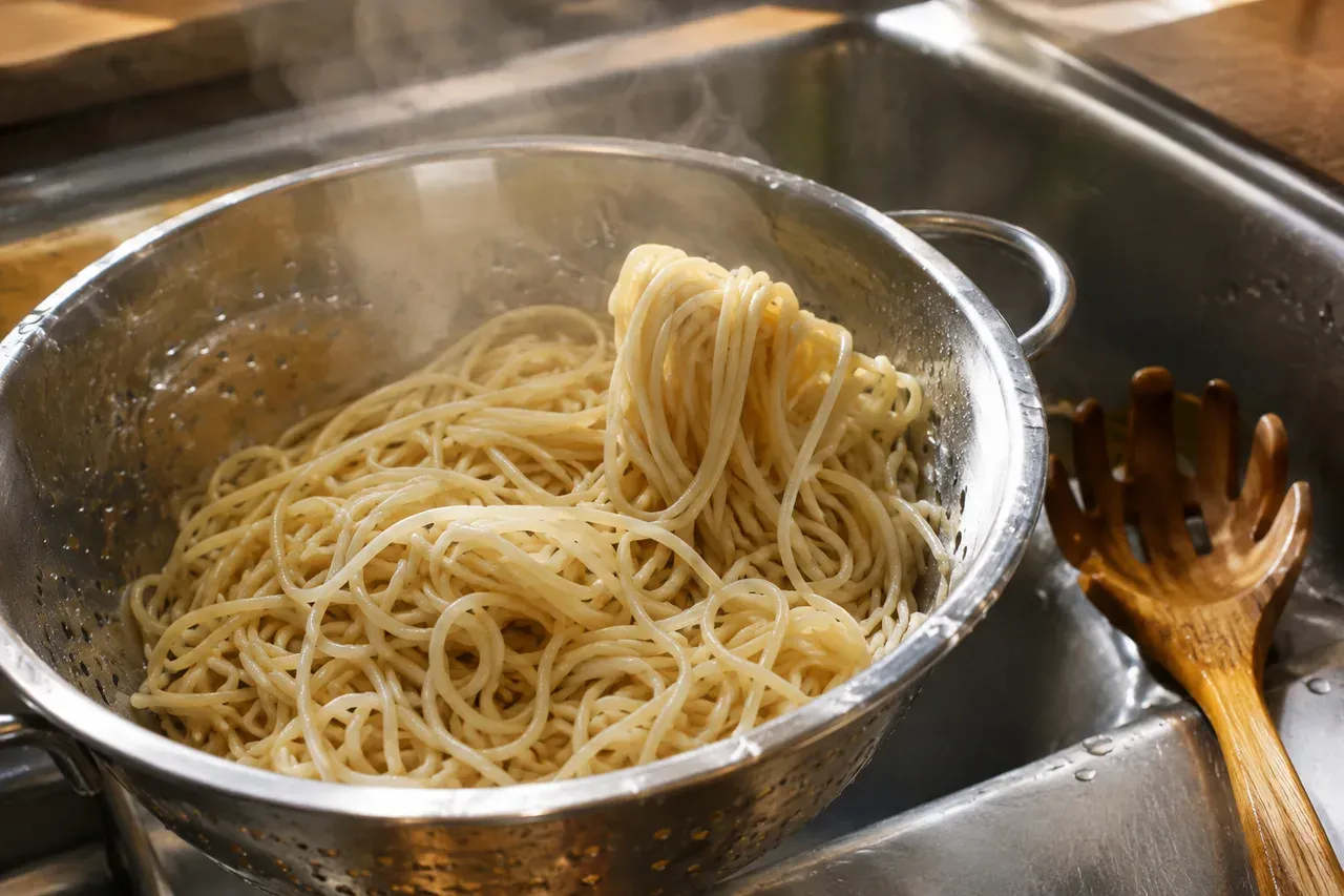 Spaghettis fraîchement cuits dans une passoire au-dessus d'un évier, quelques brins collés en paquet, avec une fourchette à pâtes en bois