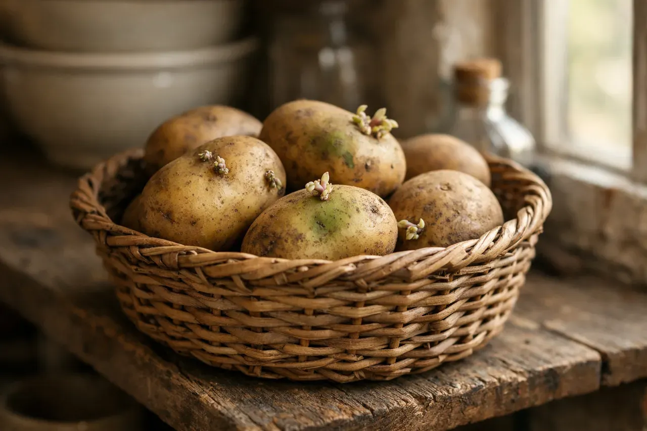 Pommes de terre dans un panier en osier sur une étagère de cuisine, certaines avec de petits germes et des taches vertes