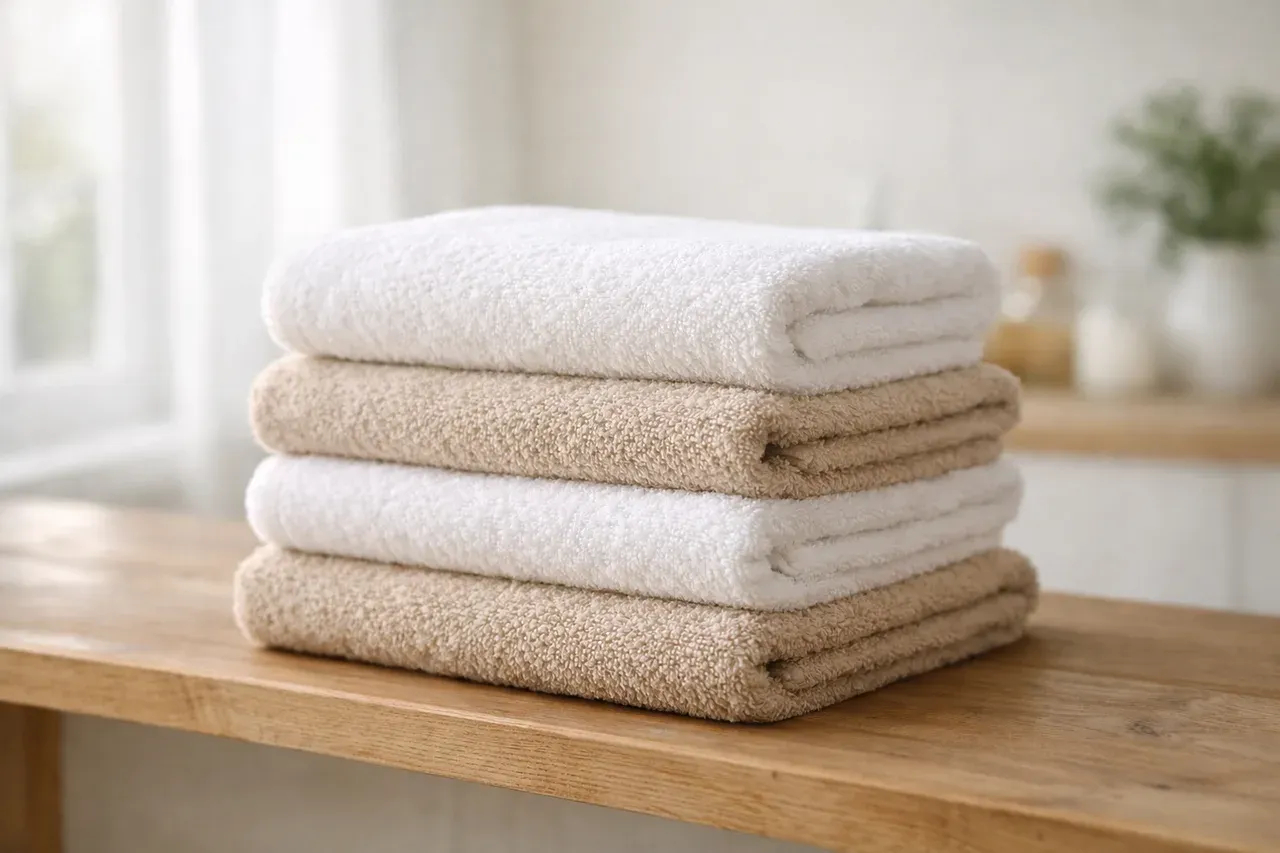 Serviettes éponge blanches et beiges pliées sur une étagère de salle de bain