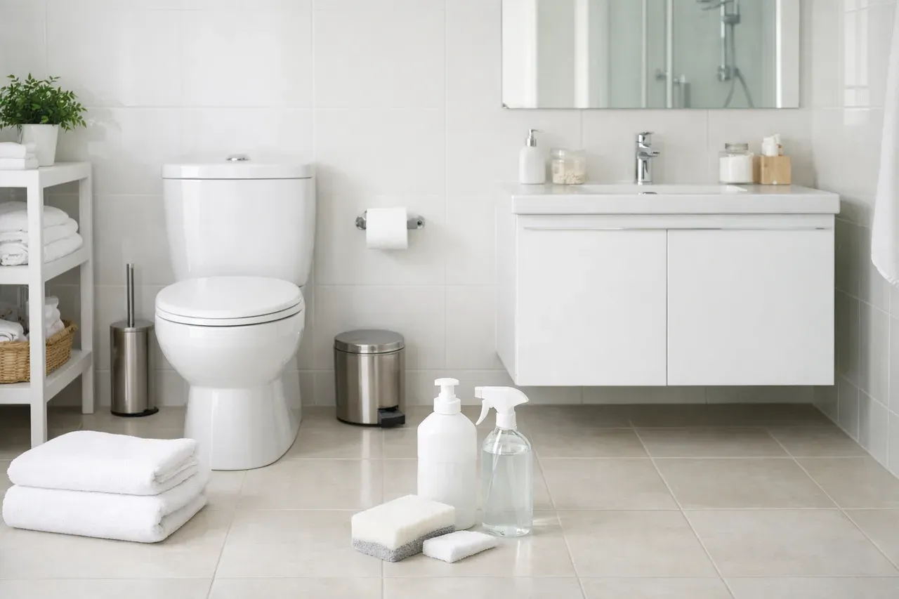 Toilettes propres et carrelage clair dans une salle de bain lumineuse