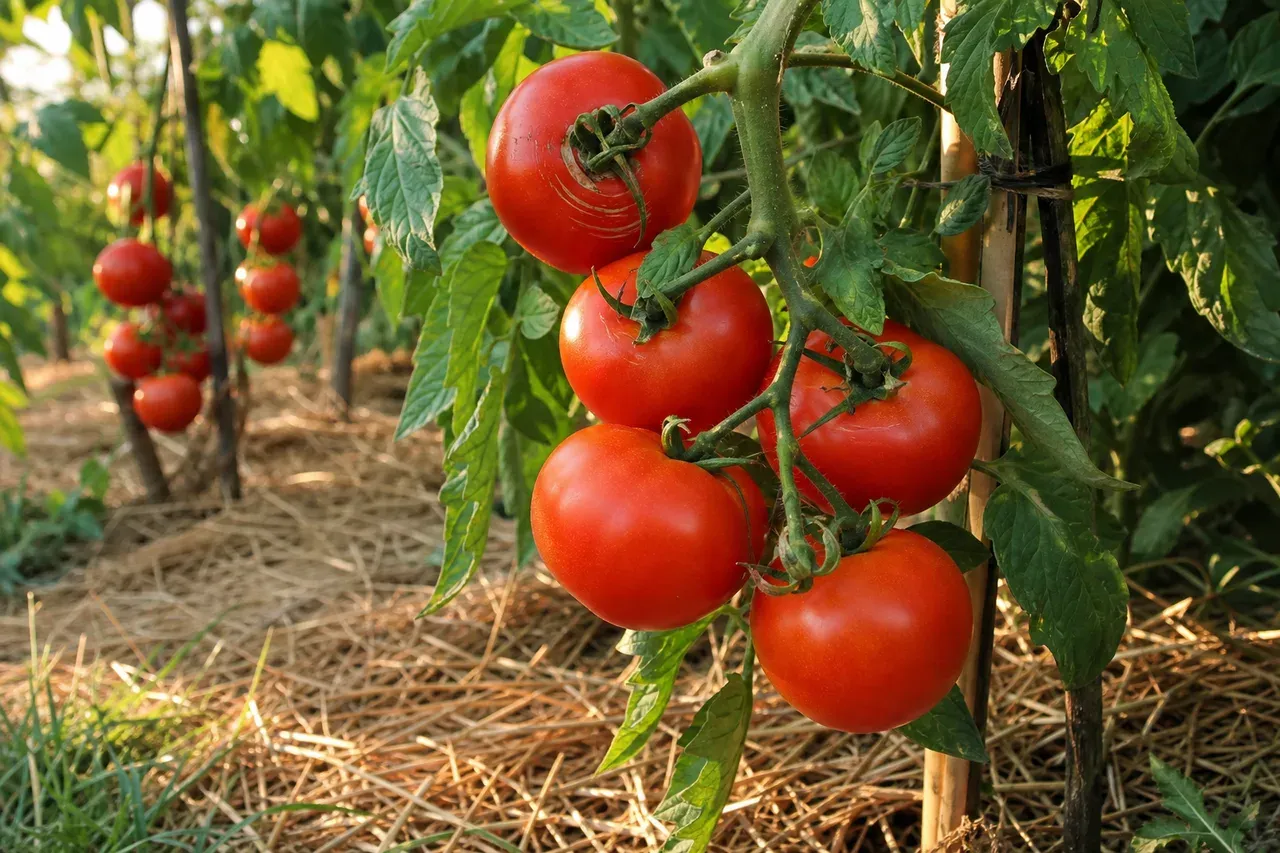 Tomates rouges mûres sur leur pied dans un potager ensoleillé, dont une présente une fine fente circulaire près du pédoncule