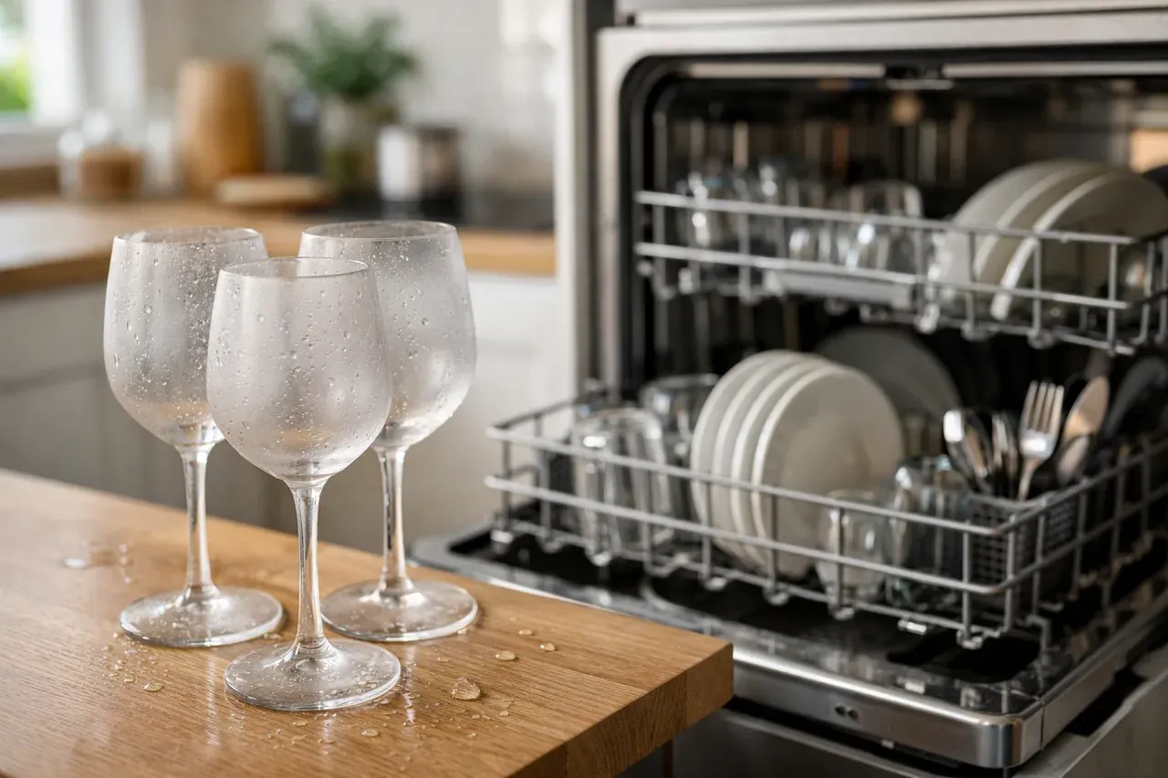 Verres troubles et mats posés à côté d'un lave-vaisselle ouvert