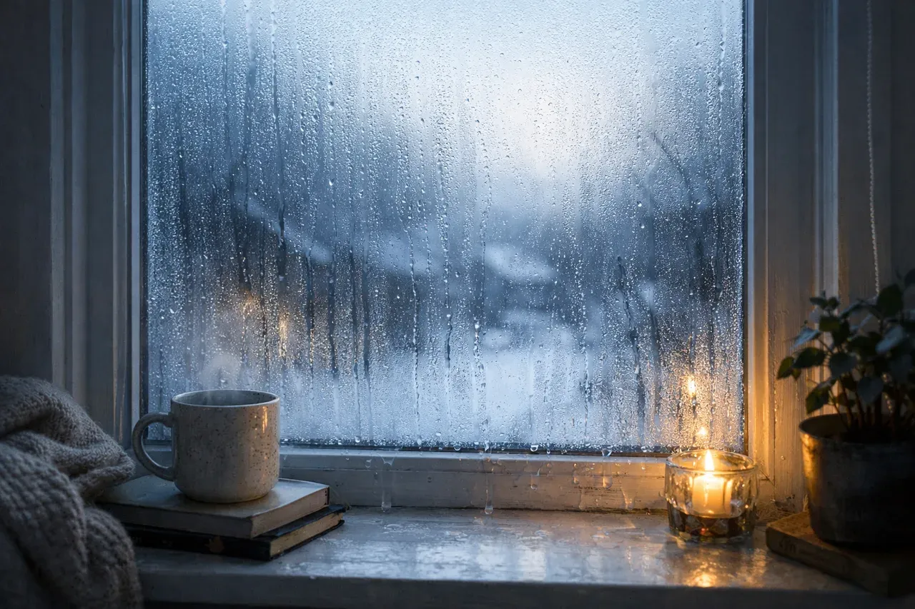 Fenêtre embuée côté intérieur avec des gouttelettes de condensation, vue d'hiver