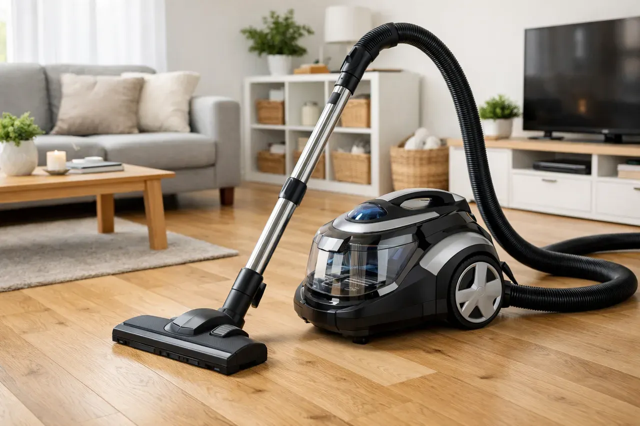 Aspirateur traîneau posé sur un parquet dans un salon lumineux