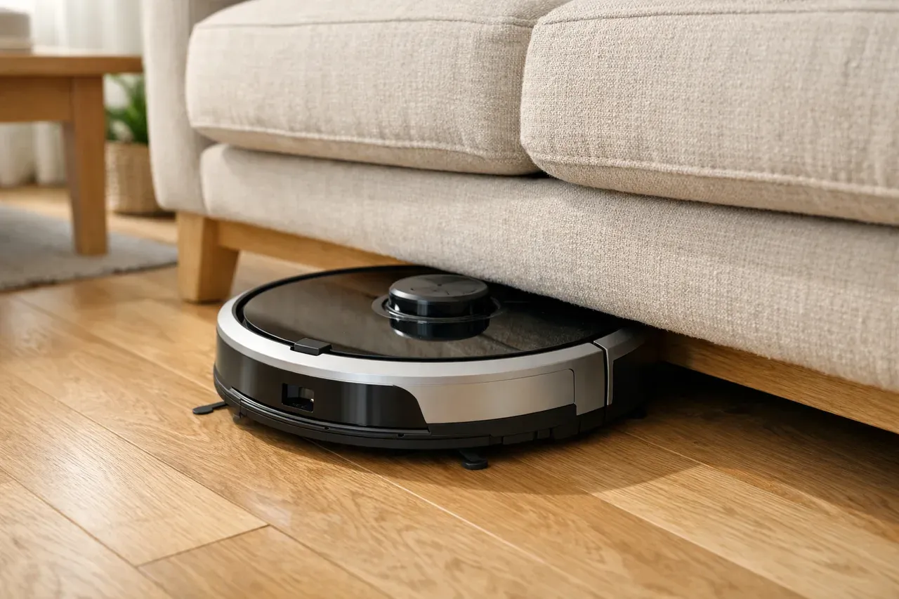 Aspirateur robot coincé sous un meuble bas dans un salon lumineux