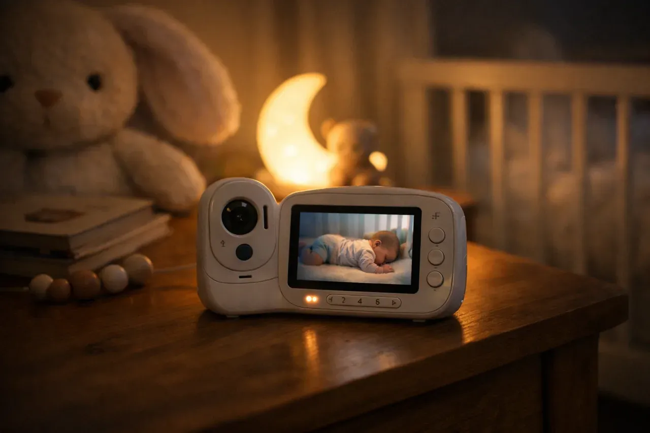 Babyphone posé sur une table de chevet dans une chambre d'enfant faiblement éclairée
