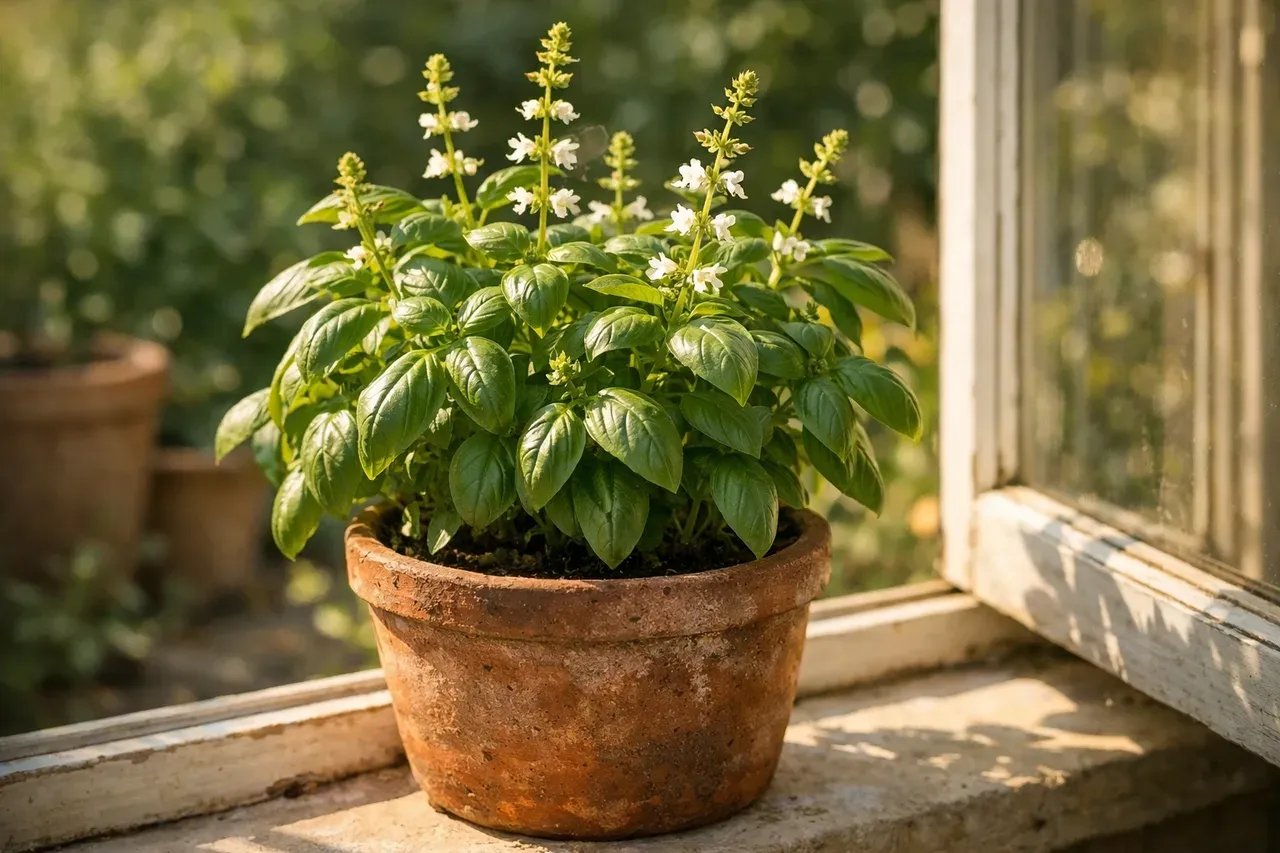 Plant de basilic en pot sur un rebord de fenêtre, avec de petites fleurs blanches en formation
