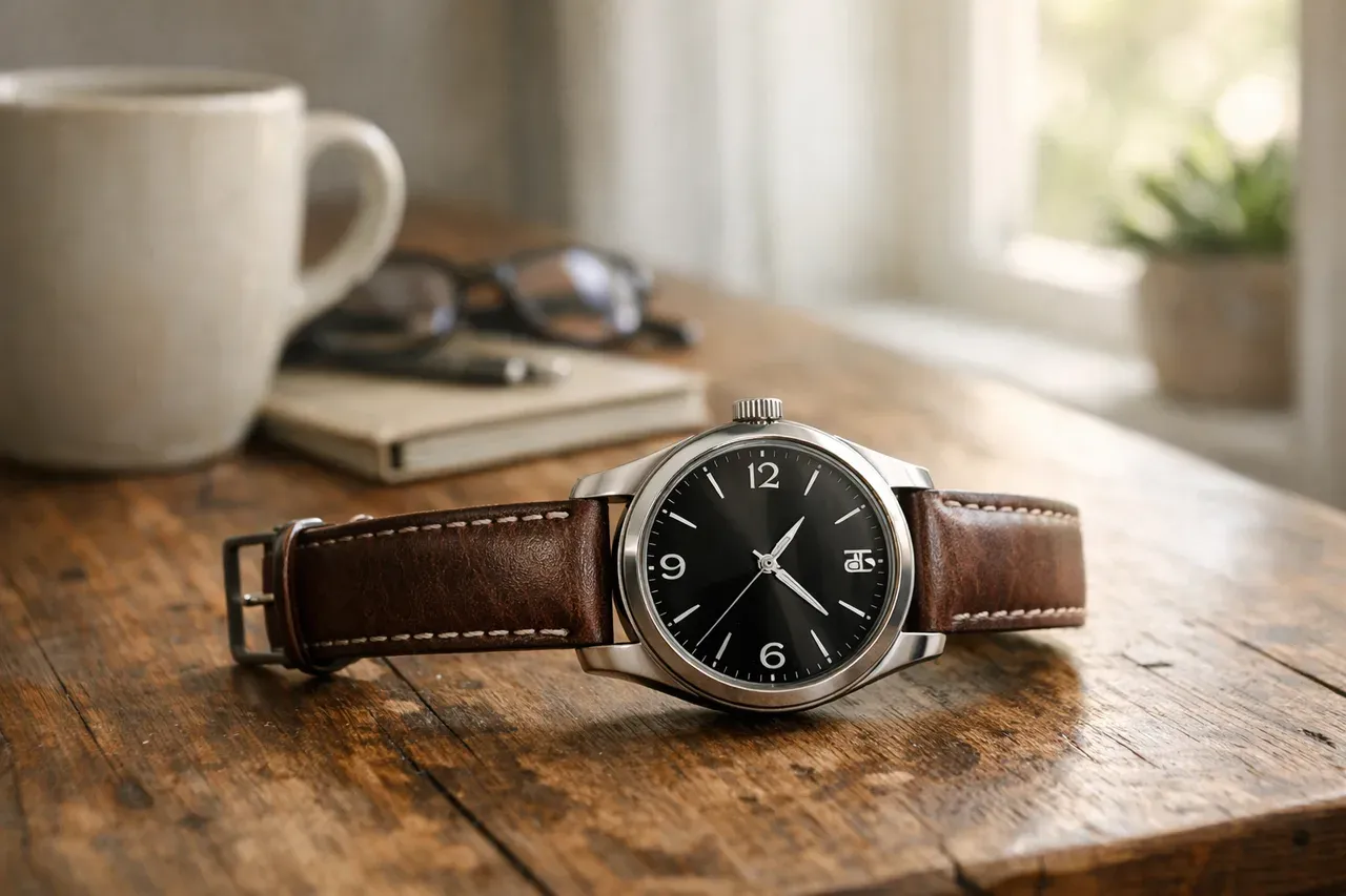 Montre avec bracelet en cuir posée sur une table en bois près d'une fenêtre lumineuse