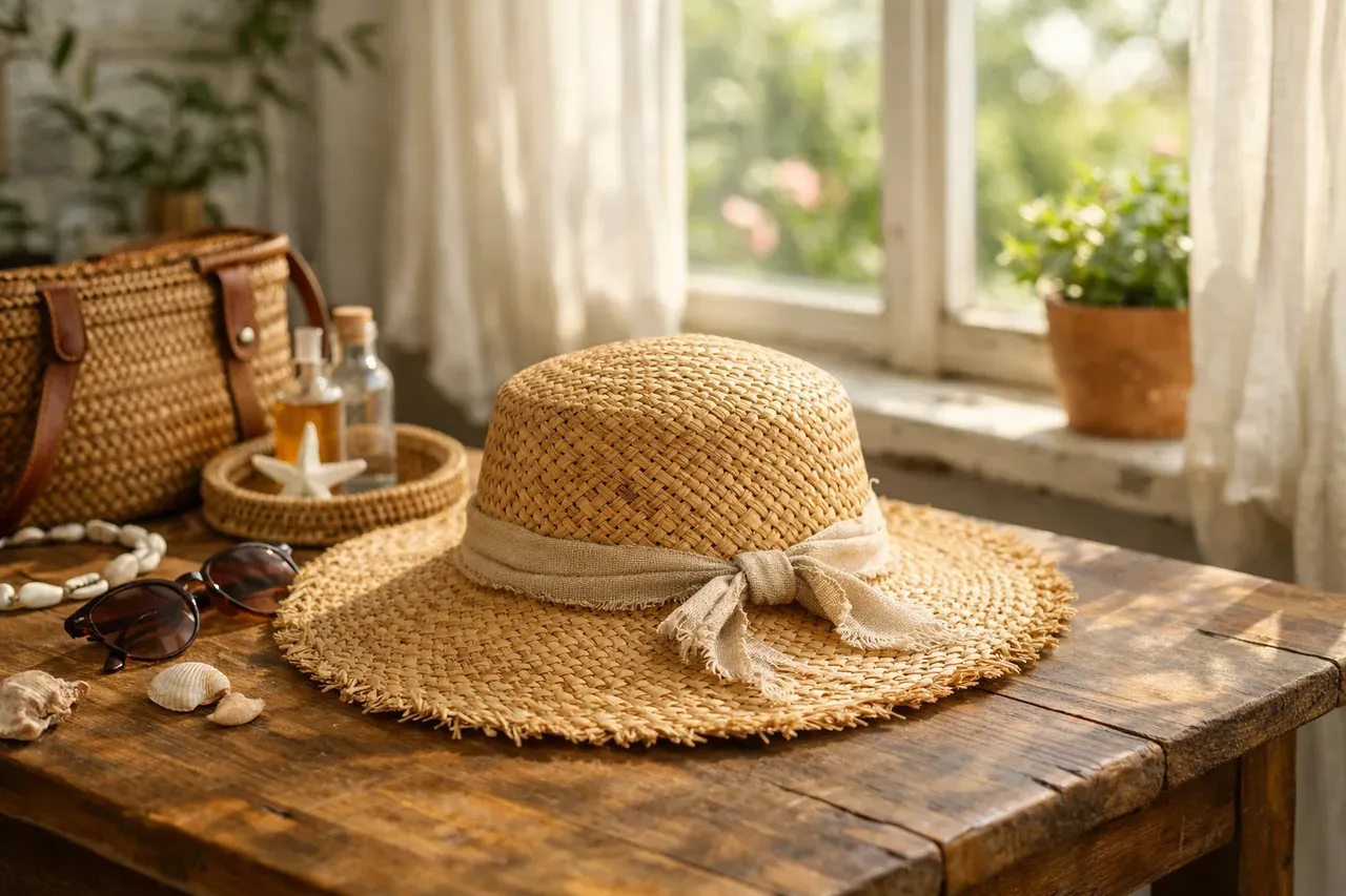 Chapeau de paille posé sur une table en bois près d'une fenêtre lumineuse