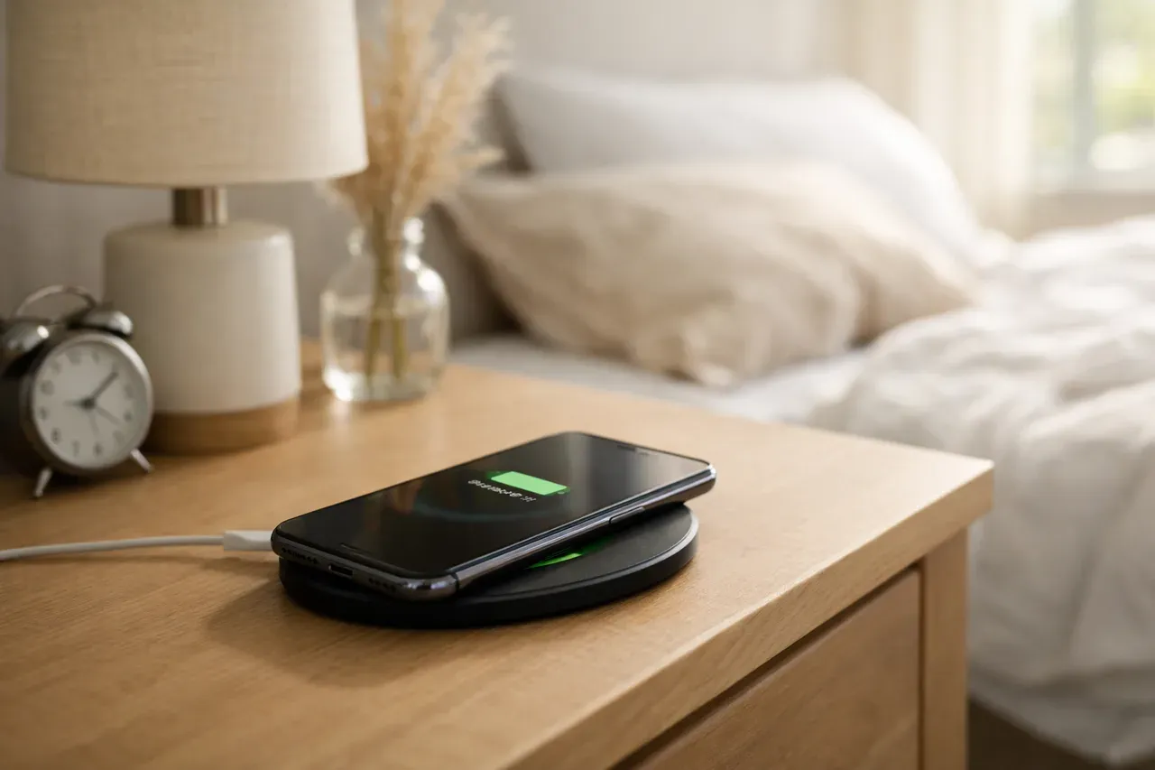 Chargeur à induction avec un smartphone posé dessus sur une table de chevet lumineuse
