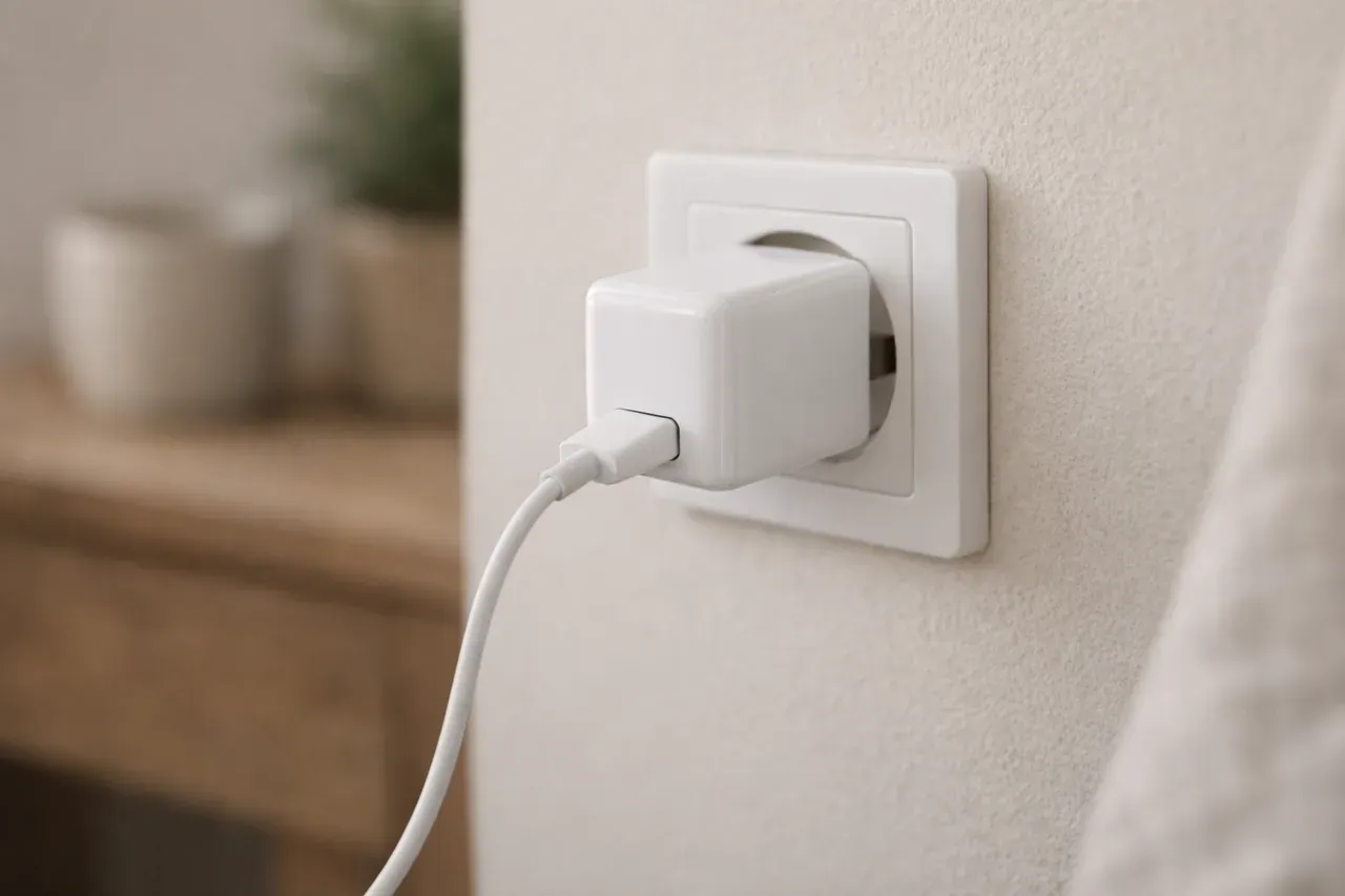 Chargeur de téléphone branché sur une prise murale, câble et adaptateur en gros plan