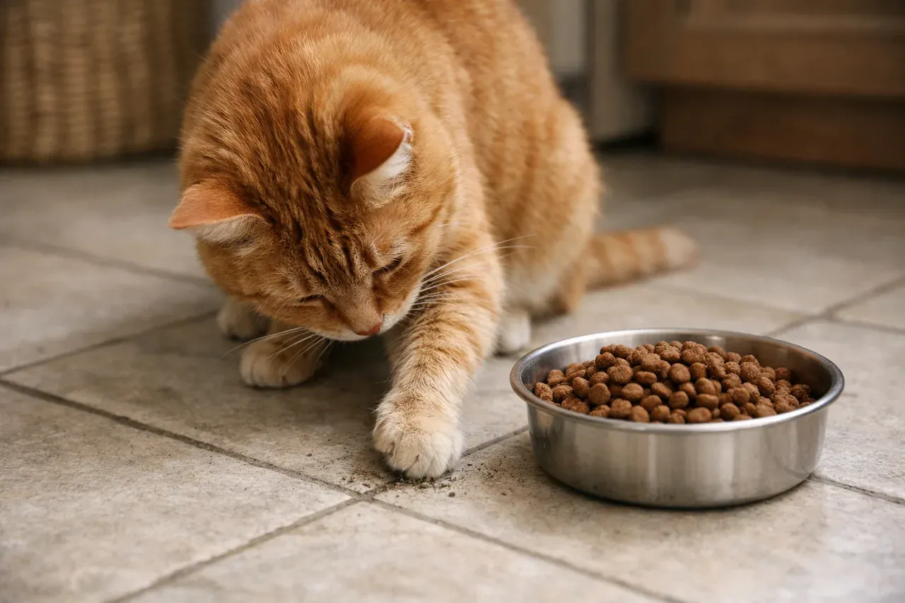 Chat roux qui gratte le sol du bout de la patte juste à côté de sa gamelle de nourriture