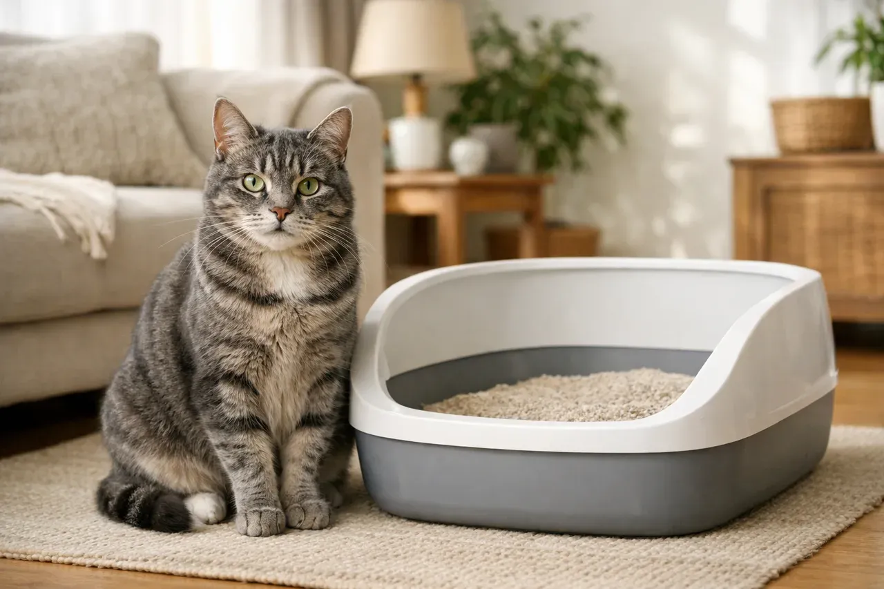 Chat gris assis au bord de son bac à litière dans un salon lumineux