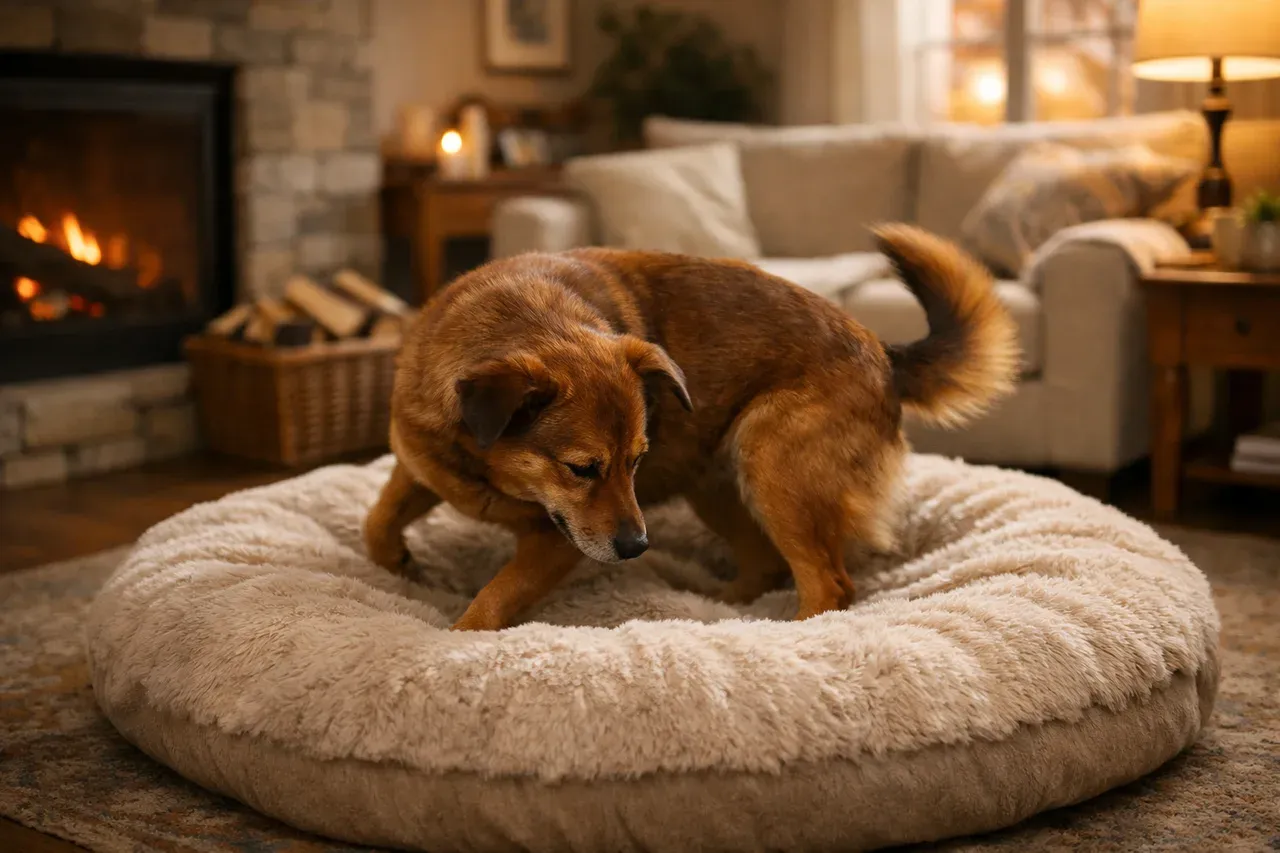 Chien qui tourne sur lui-même sur son coussin avant de s'allonger dans un salon lumineux