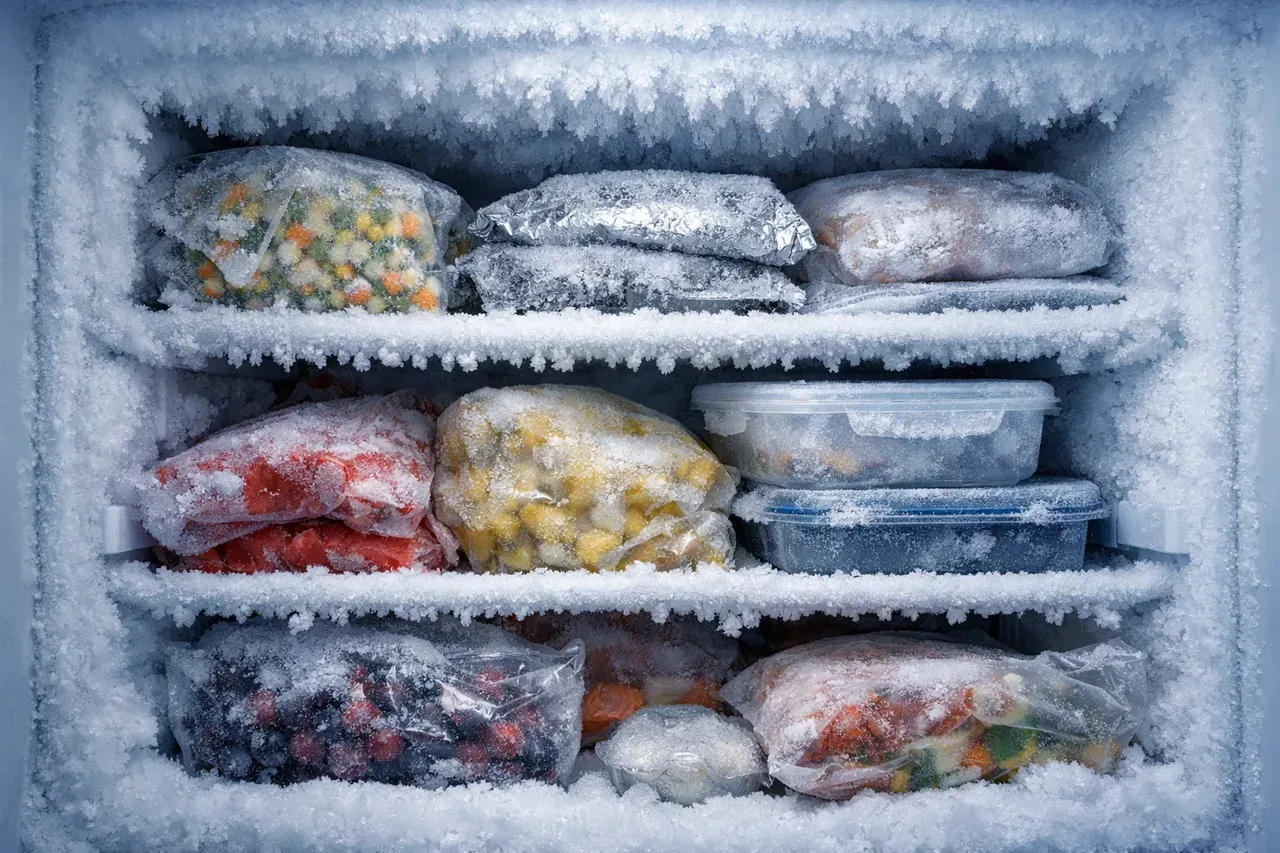 Intérieur d'un congélateur avec une couche de givre blanc sur les parois et les clayettes