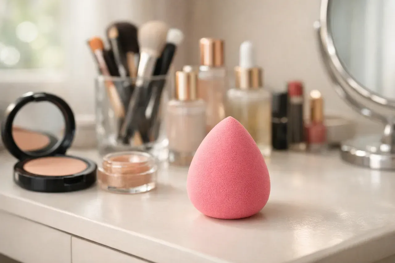 Éponge à maquillage posée sur une coiffeuse près de produits de beauté dans une pièce lumineuse