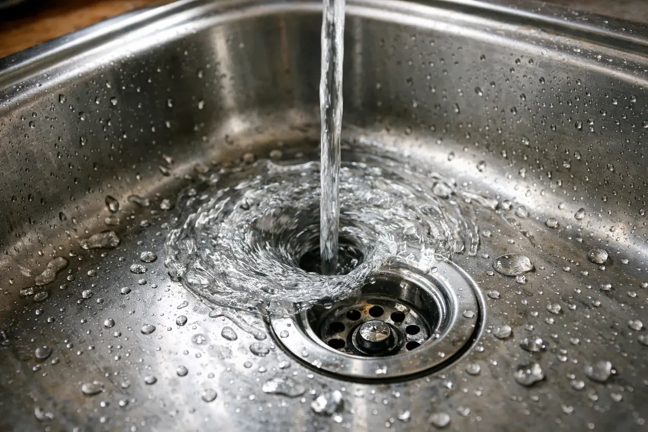 Eau qui s'écoule dans la bonde d'un évier de cuisine en inox