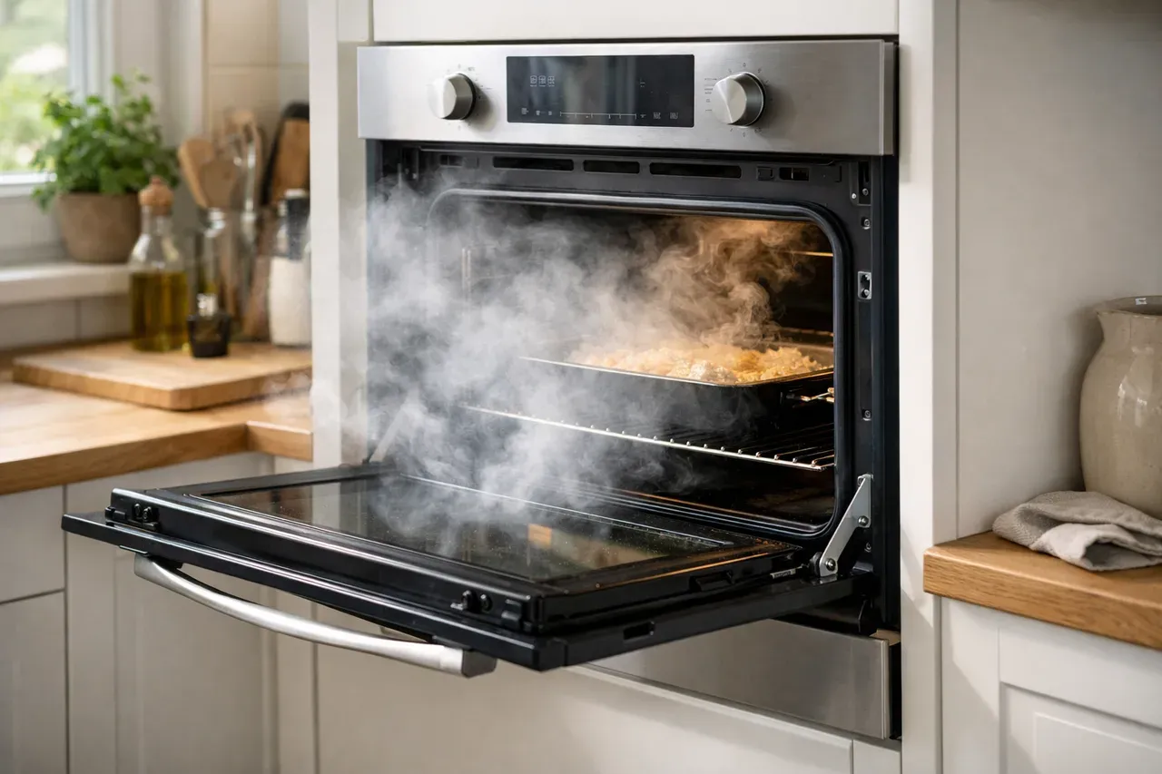 Four encastrable neuf ouvert dans une cuisine, léger voile de fumée blanche s'échappant de l'intérieur