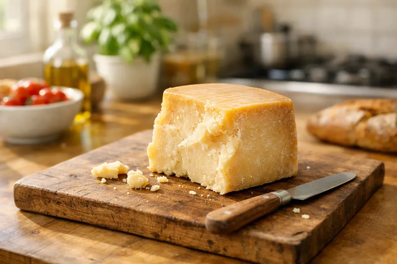 Morceau de fromage entamé posé sur une planche en bois dans une cuisine lumineuse