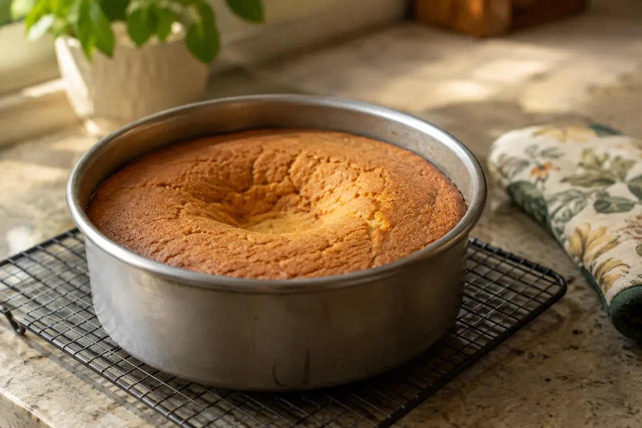 Gâteau maison légèrement affaissé au centre dans un moule rond, posé sur une grille à la sortie du four
