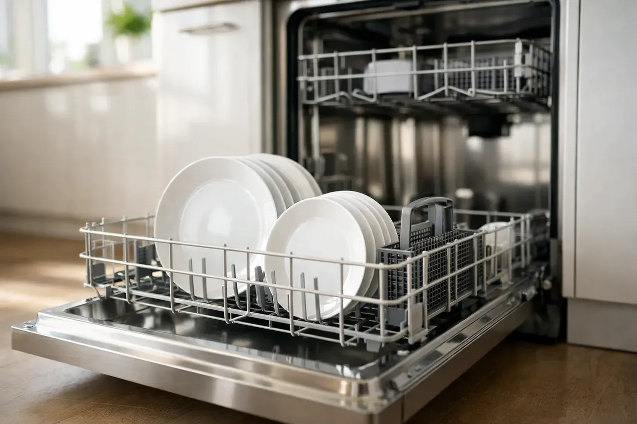 Lave-vaisselle ouvert dans une cuisine lumineuse, panier inférieur sorti avec quelques assiettes propres