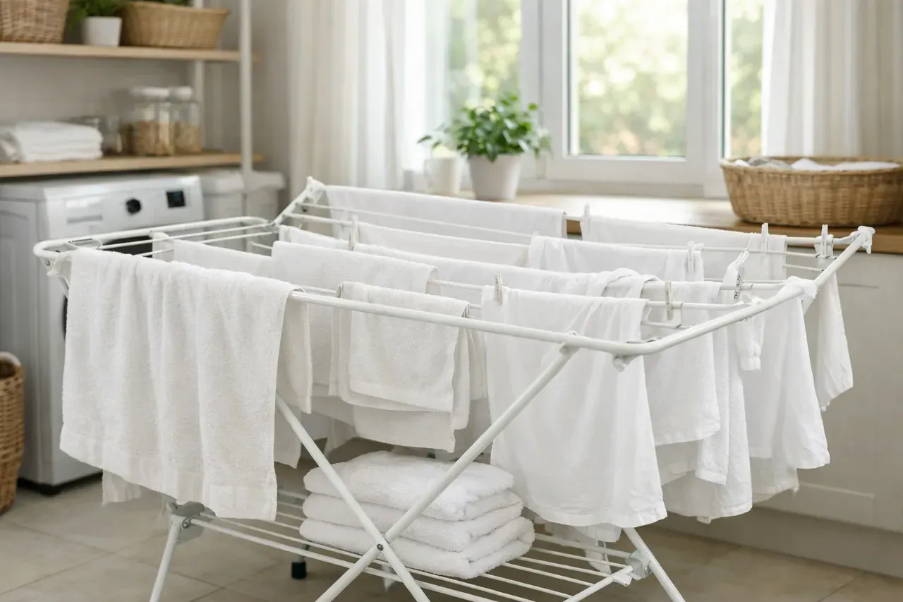Linge suspendu sur un étendoir dans une buanderie lumineuse, drap et serviettes en cours de séchage