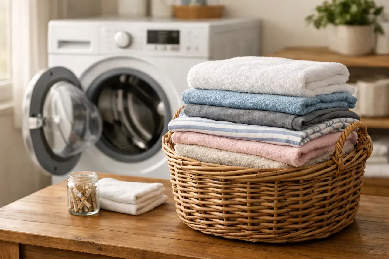 Linge propre plié sur une table, à côté d'un tambour de machine à laver ouvert