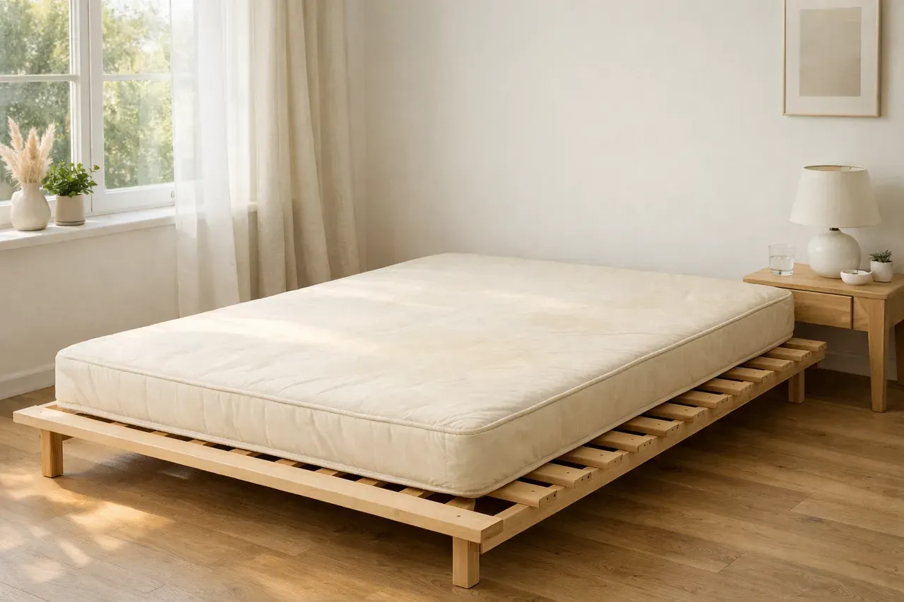 Matelas légèrement jauni sur un sommier dans une chambre baignée de lumière naturelle