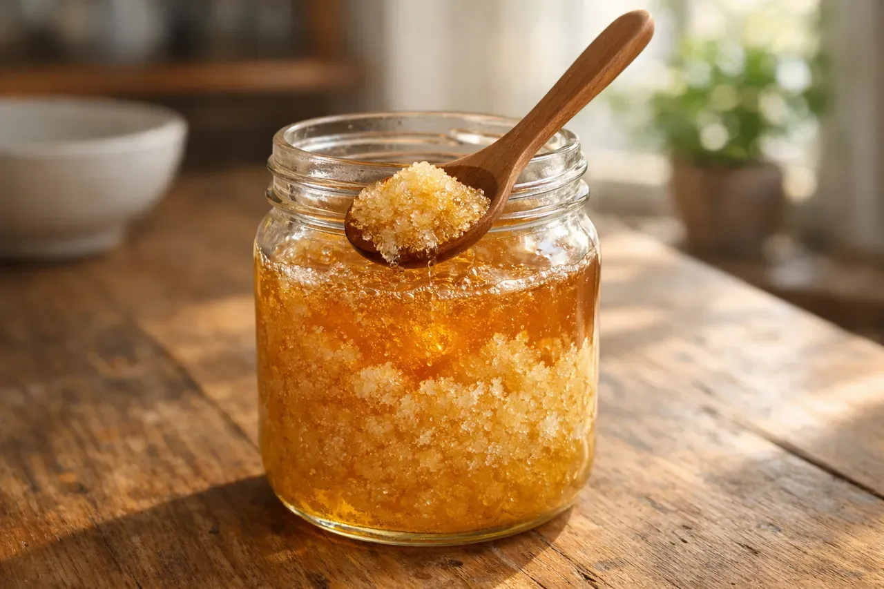 Pot de miel en verre avec du miel partiellement cristallisé, texture granuleuse dorée, cuillère en bois posée à côté sur une table de cuisine