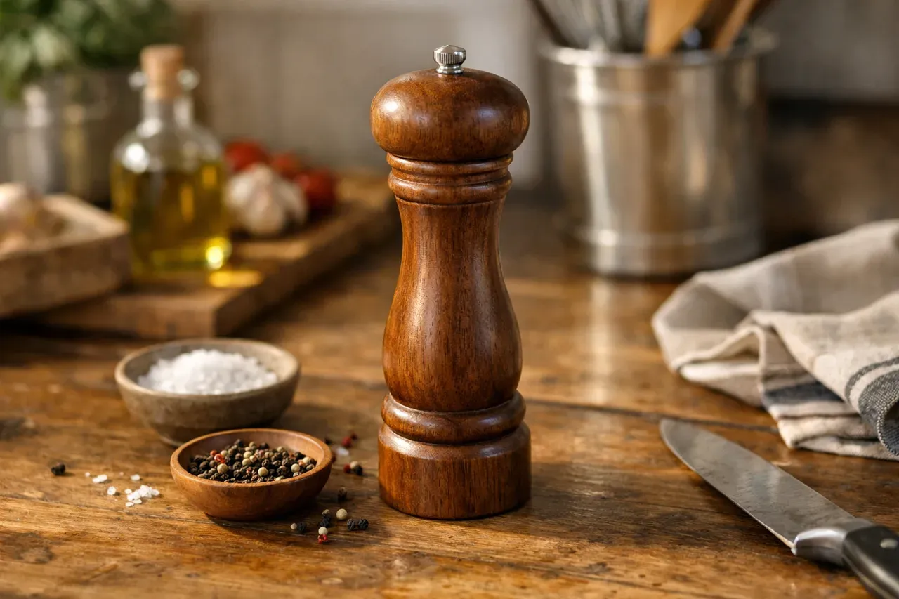 Moulin à poivre en bois posé sur une table de cuisine près d'assiettes