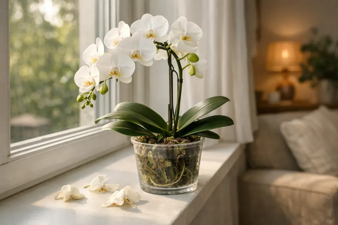 Orchidée en pot transparent posée sur le rebord d'une fenêtre lumineuse