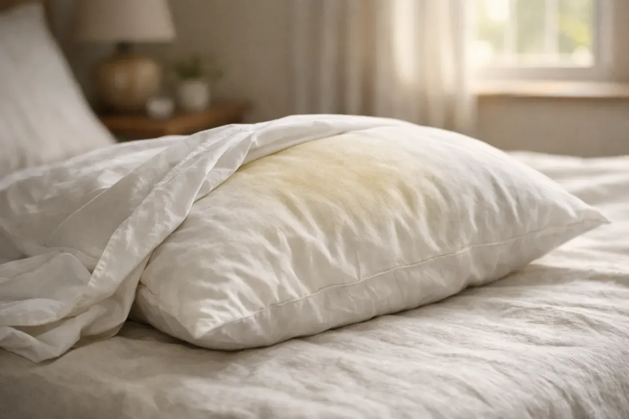 Oreiller blanc légèrement jauni au centre, taie à moitié retirée, sur un lit aux draps en lin