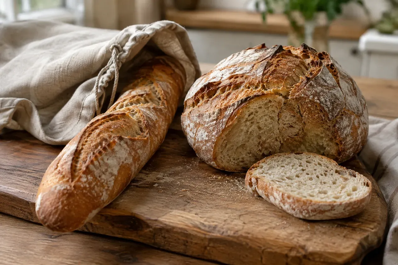Baguette et pain de campagne sur une planche en bois, une tranche coupée, à côté d'un sac à pain en lin