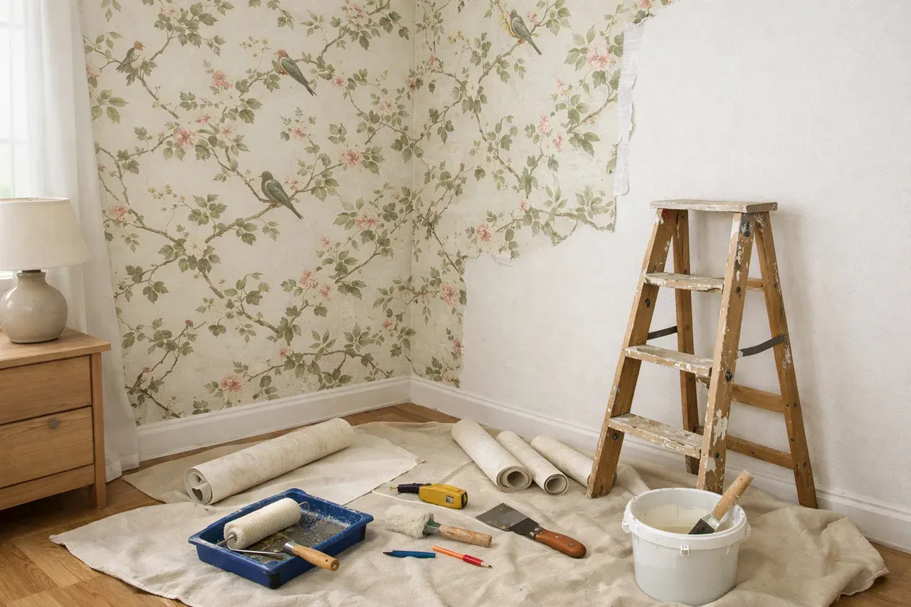 Mur avec papier peint dans une chambre lumineuse, angle de mur visible