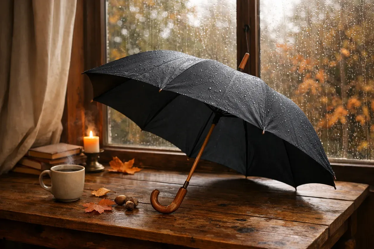 Parapluie ouvert posé sur une table près d'une fenêtre par temps pluvieux