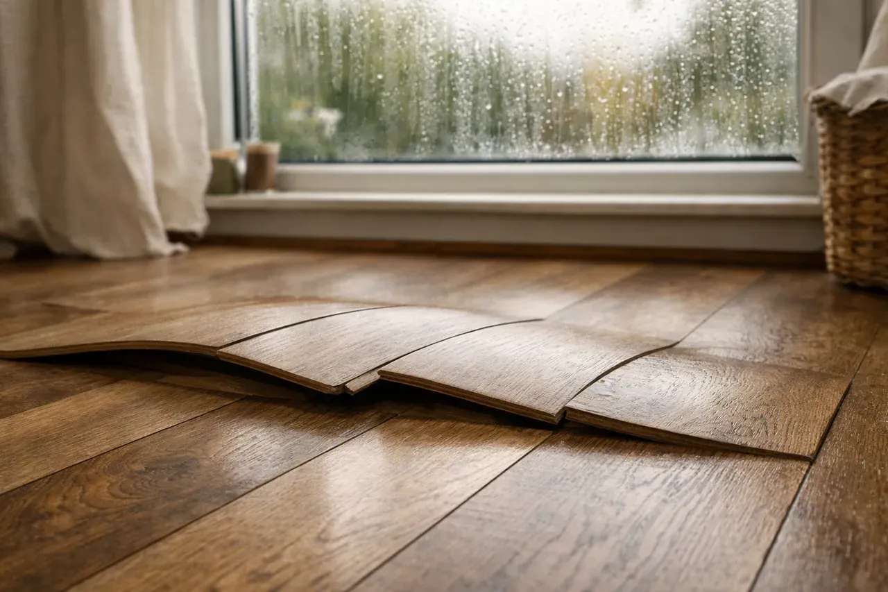 Lames de parquet stratifié légèrement soulevées près d'une fenêtre, avec la lumière du jour qui entre
