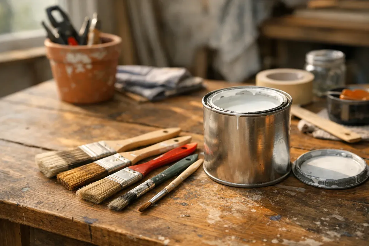 Pinceaux de peinture posés sur une table en bois près d'un pot de peinture ouvert
