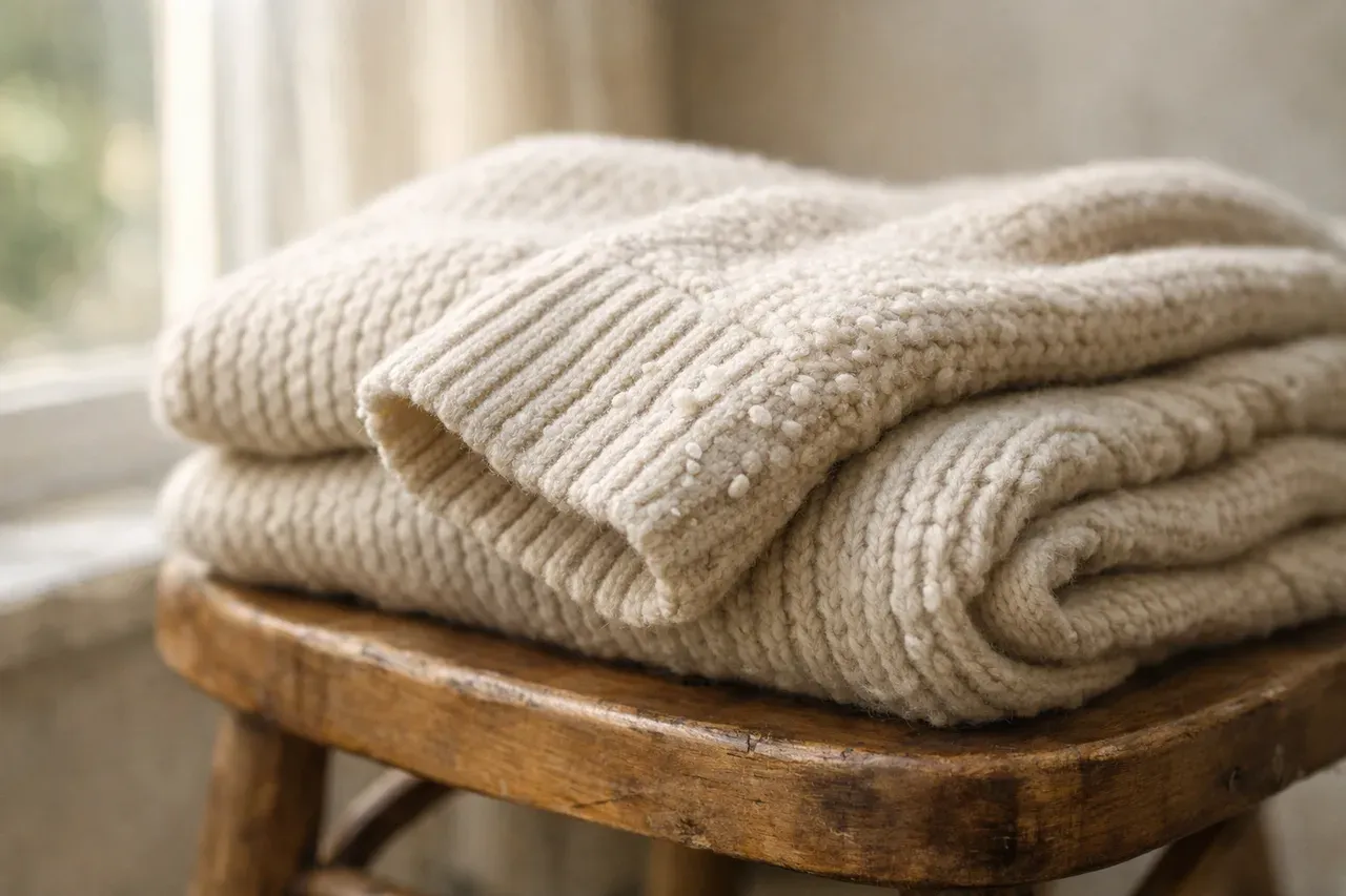 Pull en maille plié sur une chaise en bois près d'une fenêtre, avec quelques bouloches sur la manche