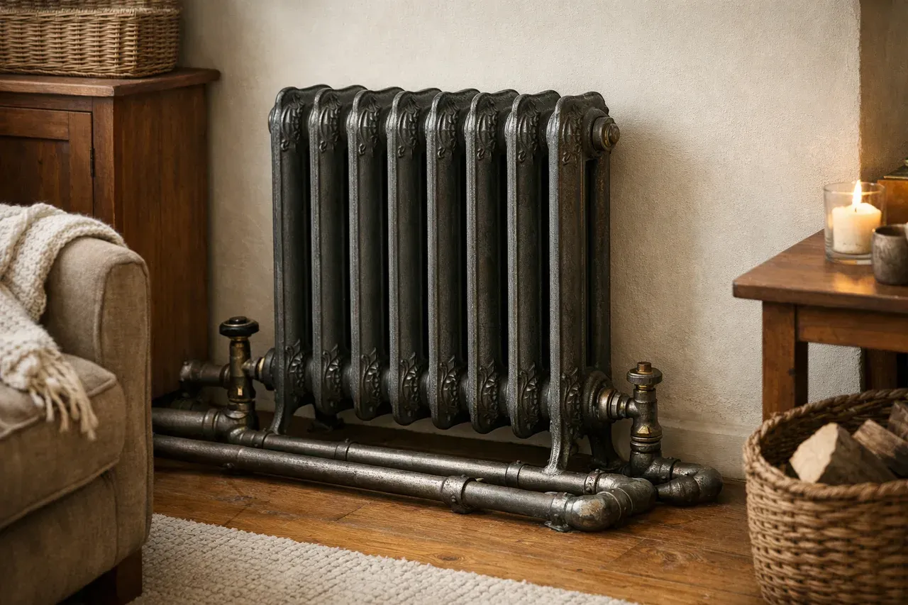 Radiateur en fonte ancien contre un mur, tuyaux de chauffage visibles au sol