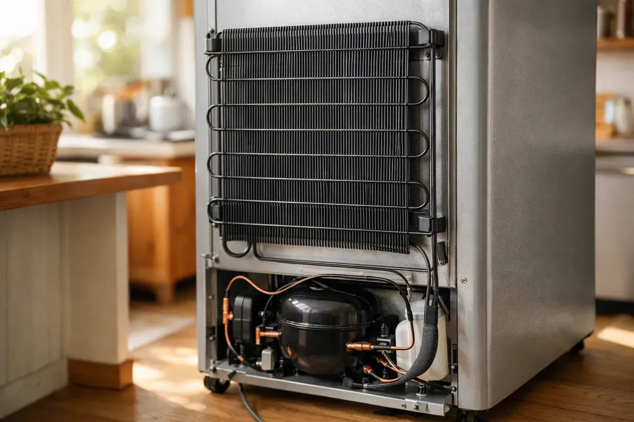 Réfrigérateur dans une cuisine, vue rapprochée sur la grille arrière et le compresseur