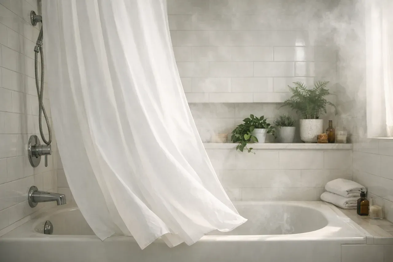 Rideau de douche blanc légèrement gonflé vers l'intérieur d'une baignoire dans une salle de bain lumineuse et embuée