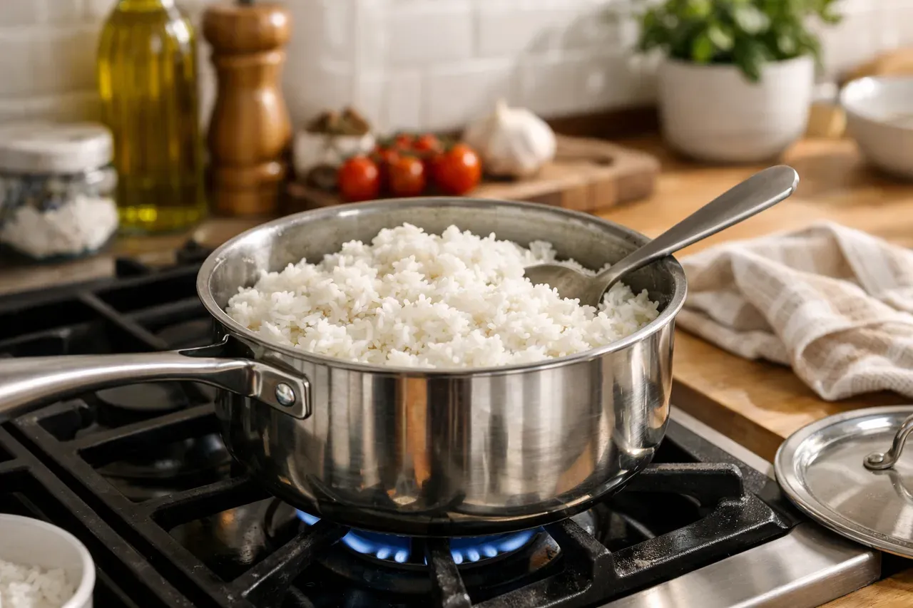 Casserole de riz blanc cuit posée sur une cuisinière dans une cuisine lumineuse