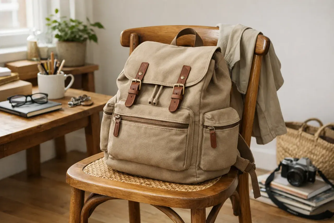 Sac à dos en tissu posé sur une chaise dans une pièce lumineuse