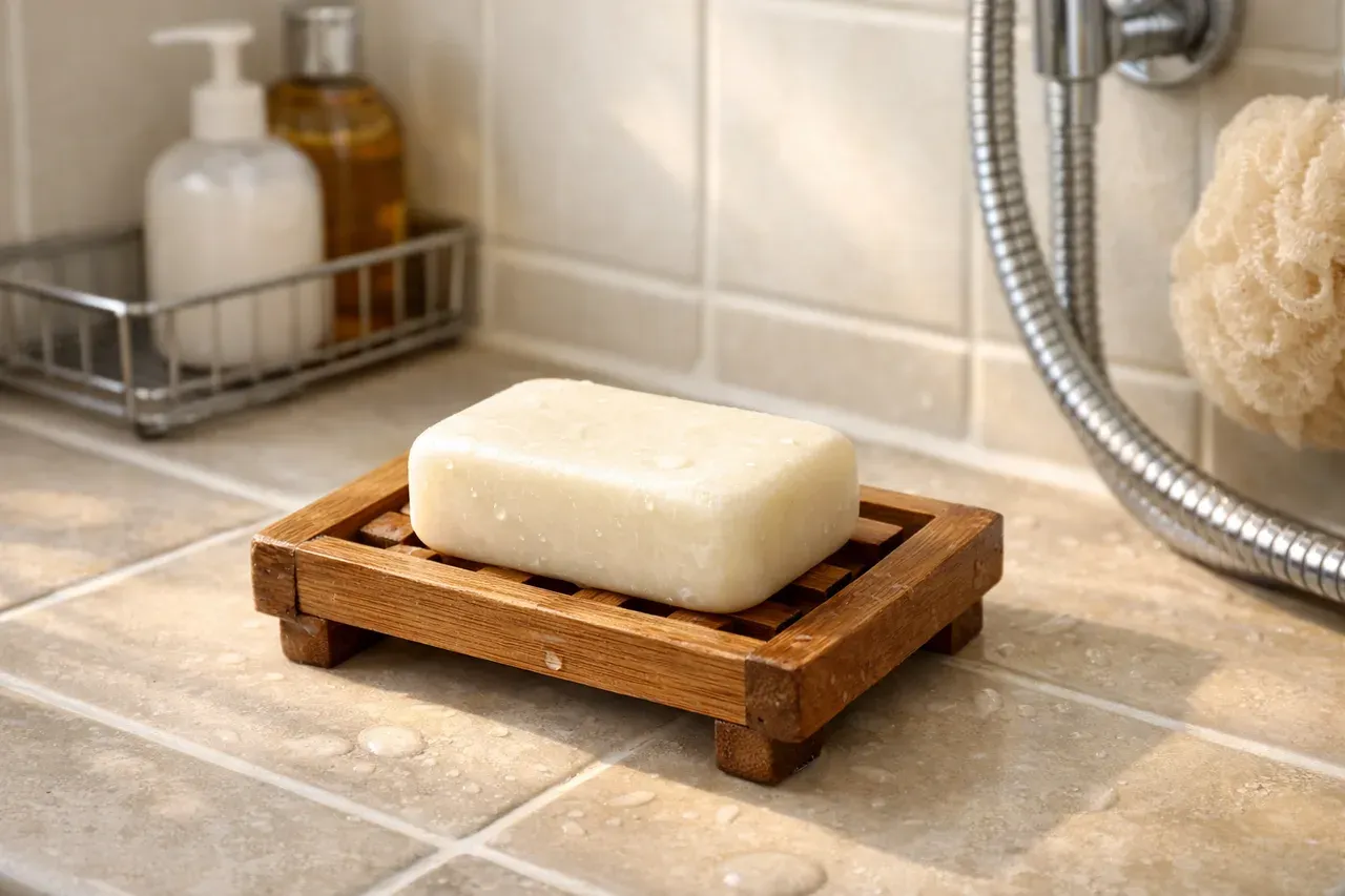 Pain de savon posé sur un porte-savon en bois dans une douche carrelée